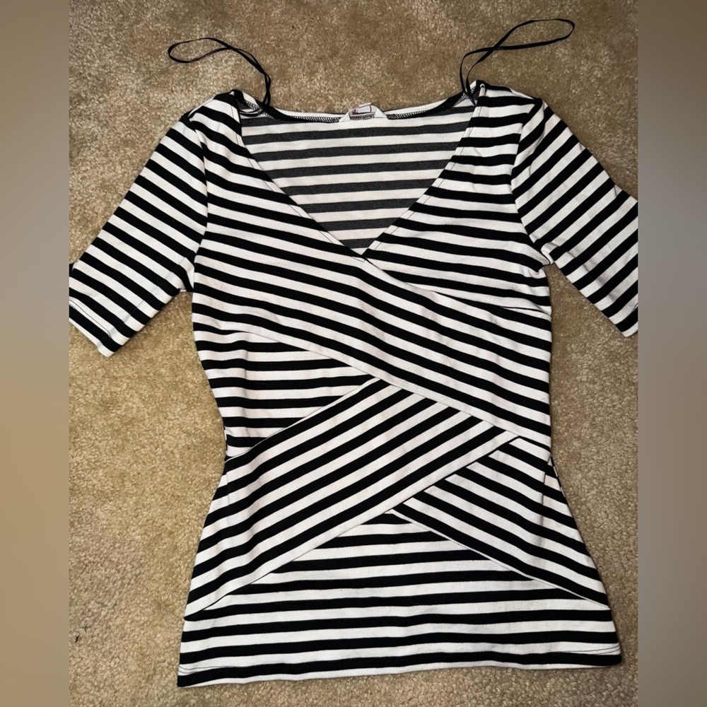 Candies Black & White Striped Crisscross Faux-Wrap Top small